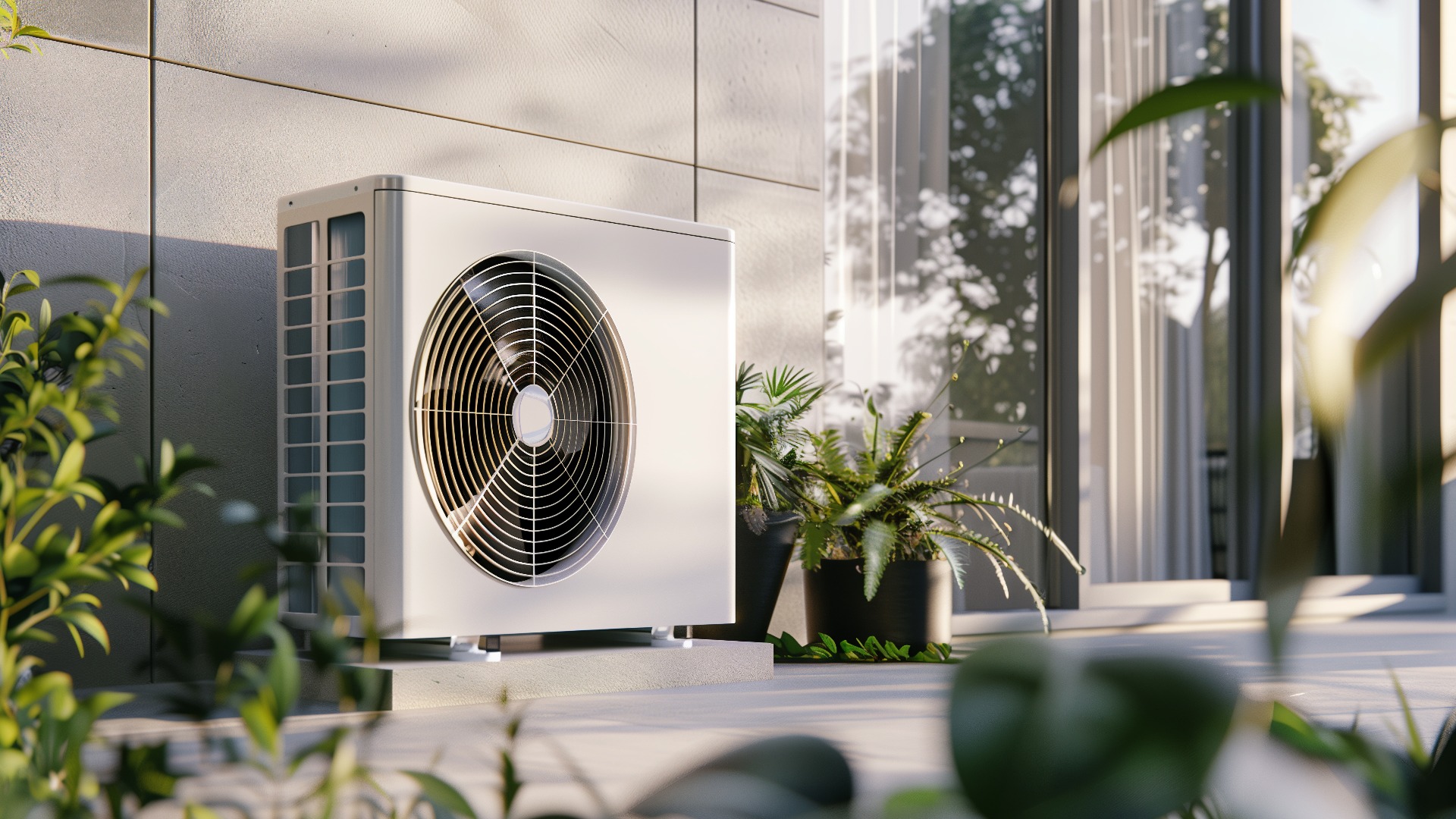 Air source heat pump installed in residential building. Sustainable and clean energy at modern home.n