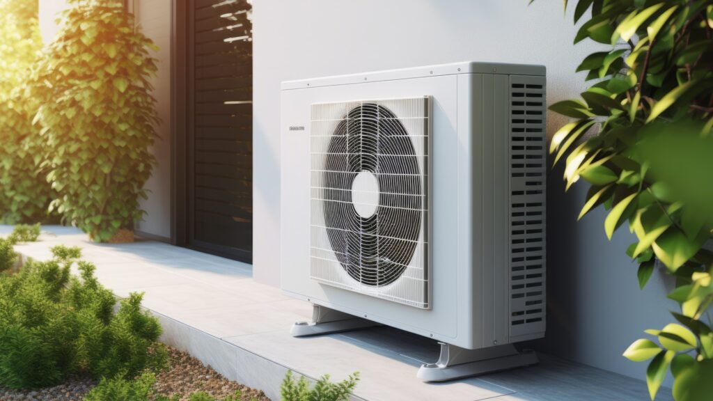 Luft-Wärmepumpe in einem Wohngebäude im Freien installiert