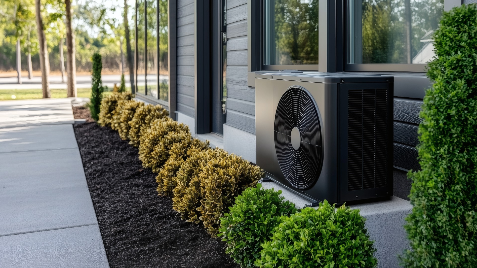 Wärmepumpeninstallation mit moderner Landschaftsgestaltung