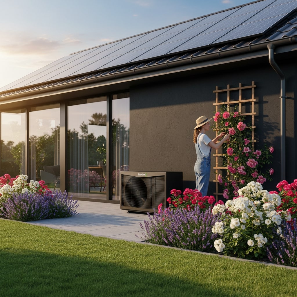 Eine lächelnde Frau mit Strohhut pflegt blühende Rosen an einer Hauswand im Sonnenschein