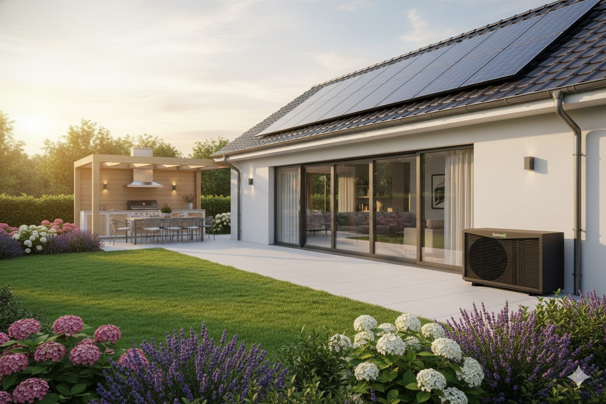 Modernes Haus mit Solarpanelen, großer Terrasse, Gartenblumen und Außenküche