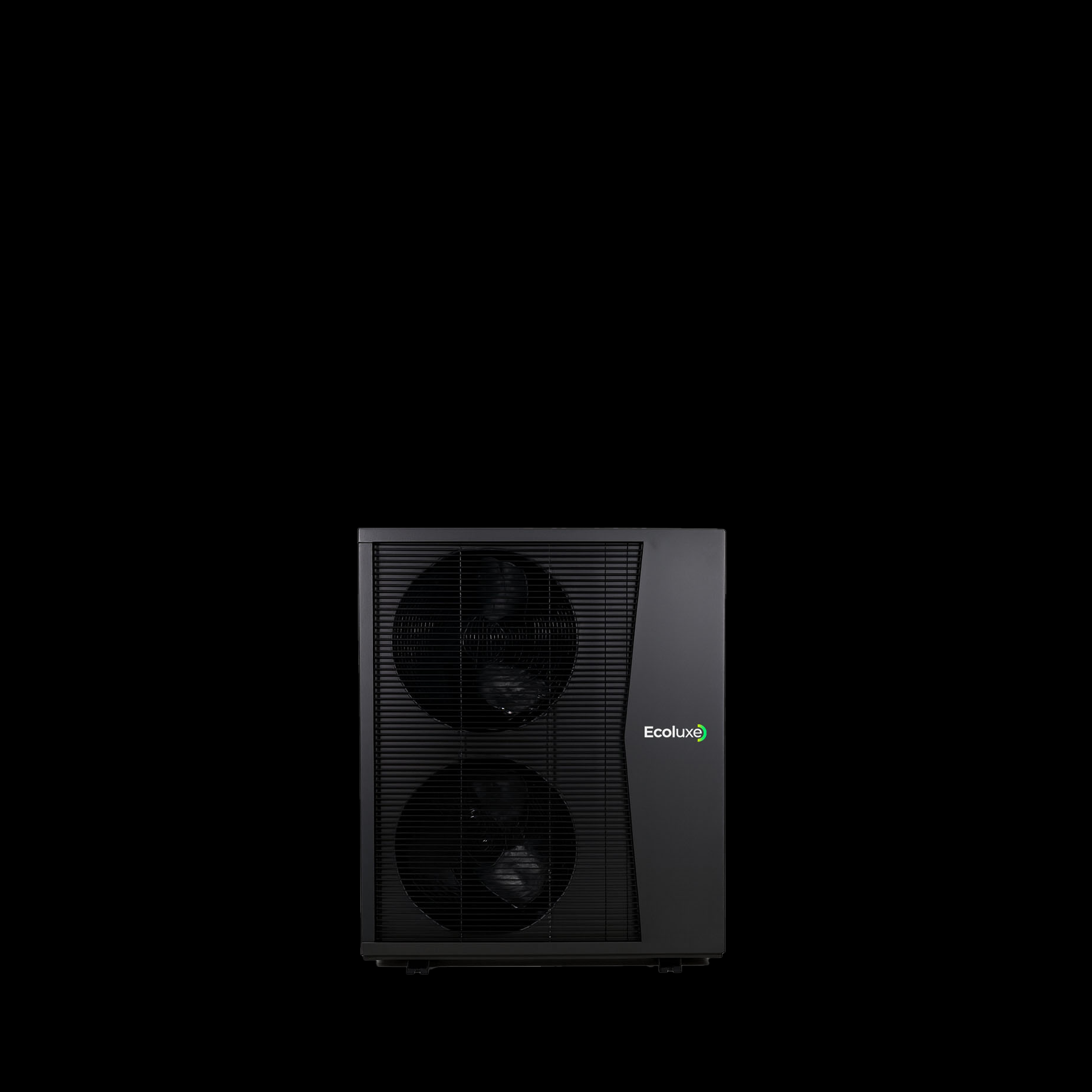 Eine schwarze Wärmepumpe mit dem Logo EcoLuxe und zwei großen runden Lüftern